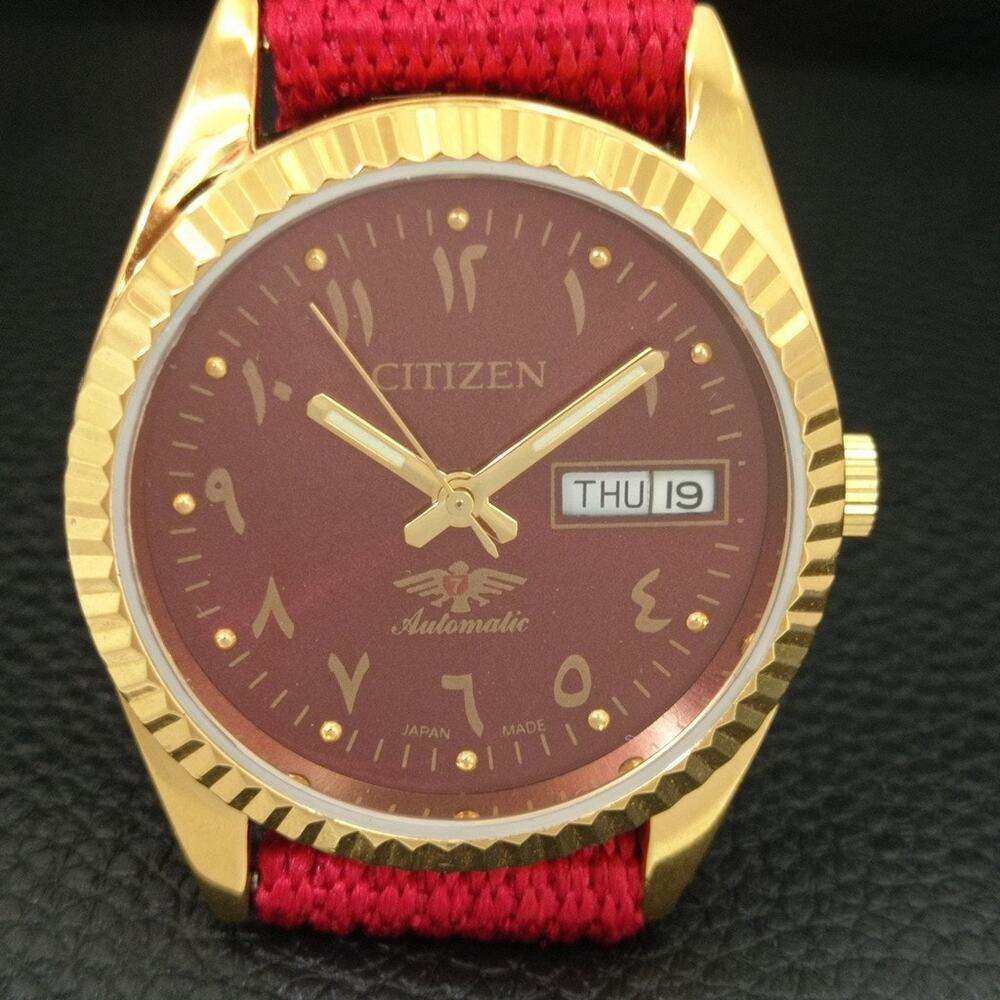 Vintage 1987 Citizen Automatic Mens Gold Watch W/daydate & Red accents - Picture 4 of 10